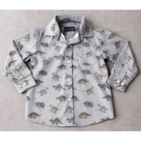 Test Of Time Other - Test Of Time Boys 3T Dinosaur Button Up Shirt Gray Long Sleeve Collared Top